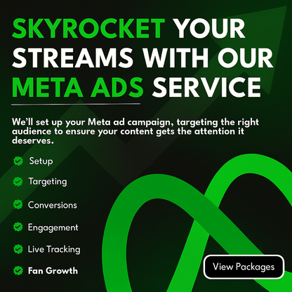 Advertisement for Meta Ads service with green and white text on a dark background