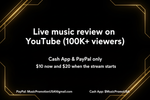 Live music review promotional image with payment details