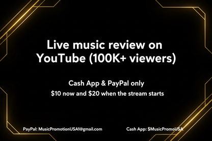 Live music review promotional image with payment details